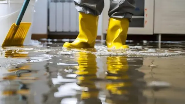 Yellow boots and a squeegee in contaminated standing water indoors
