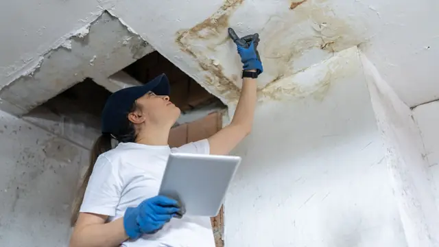 Inspector looking up through a ceiling opening at water staining with a tablet